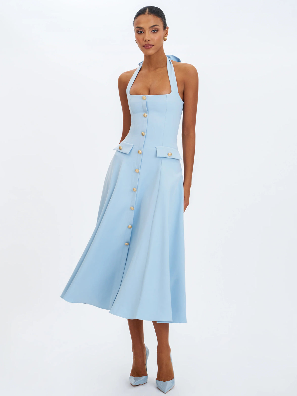 Gillian Mist Blue Halter A Line Midi Dress