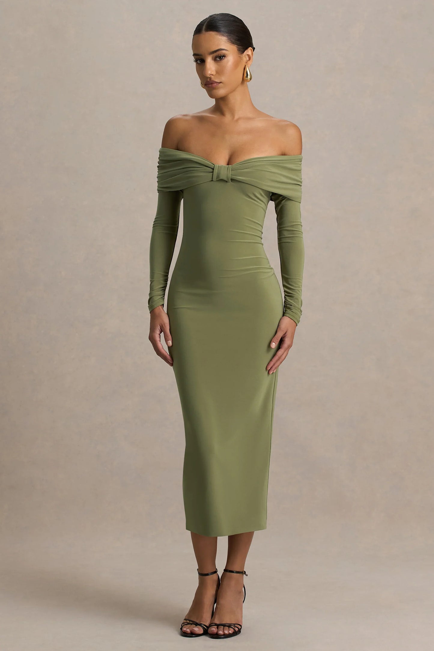 Spark Olive Bardot Neck Midi Dress With Bow Detail