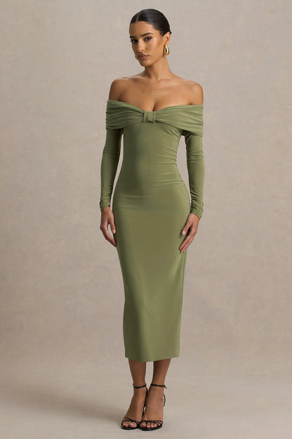 Spark Olive Bardot Neck Midi Dress With Bow Detail