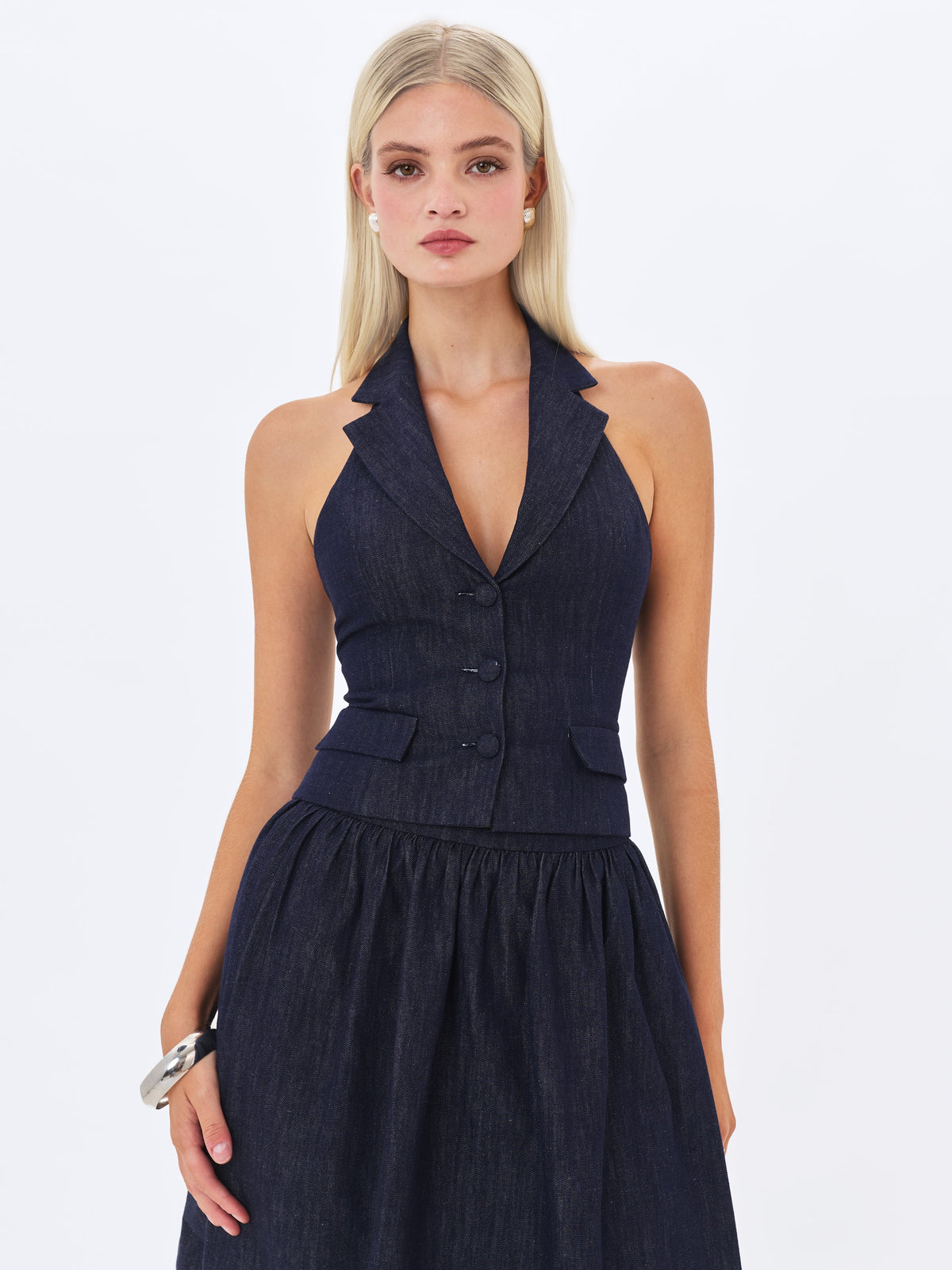 Mavis Indigo Denim Halter Single Breasted Lapel Top