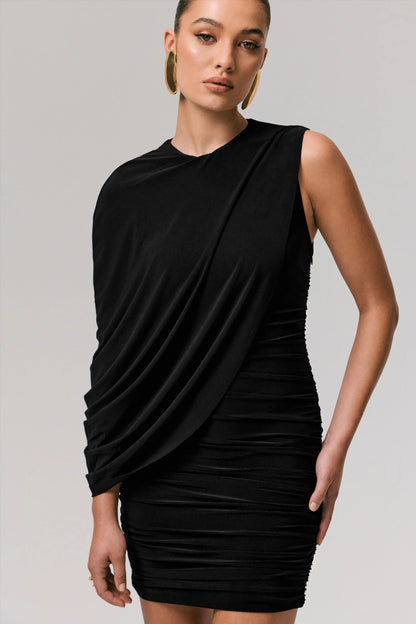 Fortuna Black Ruched Mini Dress With One Sleeve
