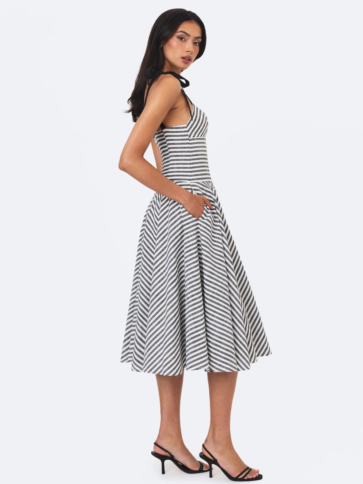 Riley Black White Striped Linen Flared Midi Dress