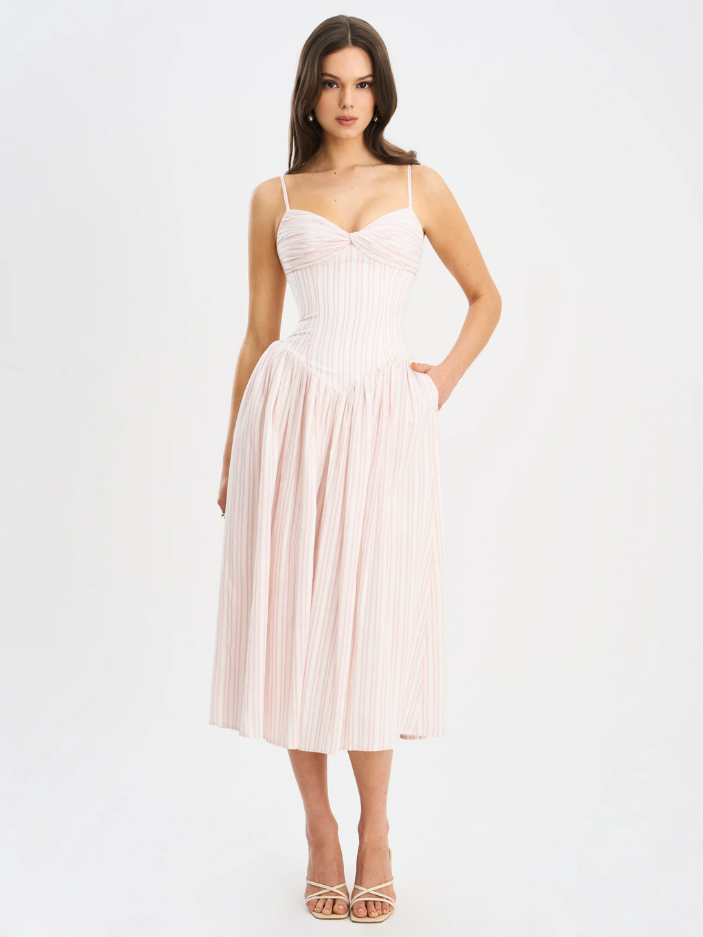 Zania Pink Stripe Cotton Jacquard Midi Dress