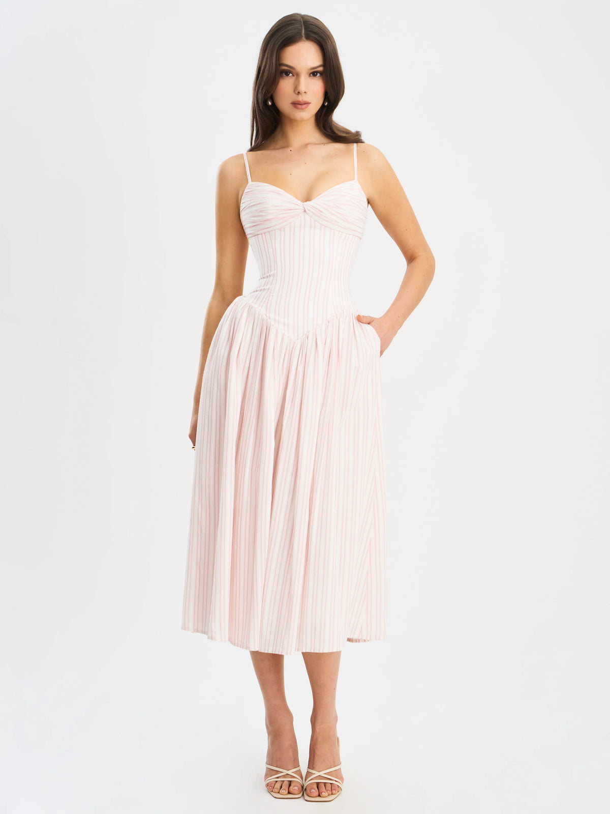 Zania Pink Stripe Cotton Jacquard Midi Dress
