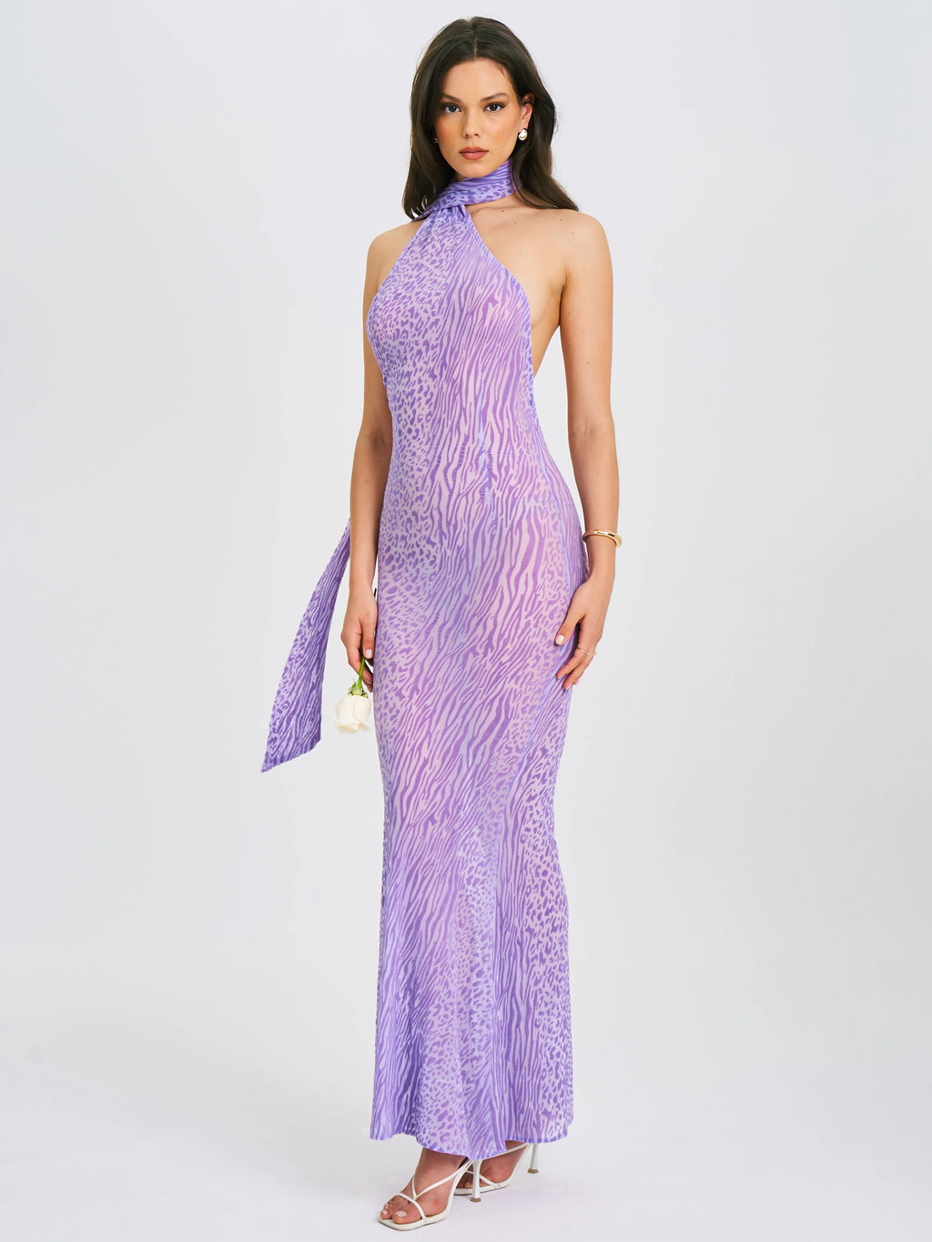Olena Purple Burnout Velvet Animal Print Mesh Halter Neck Maxi Dress