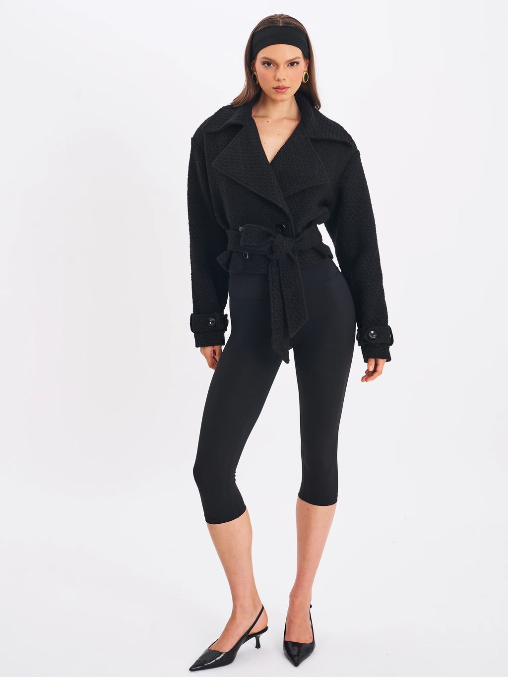Dara Black Wool Blend Cropped Double Breasted Belted Coat