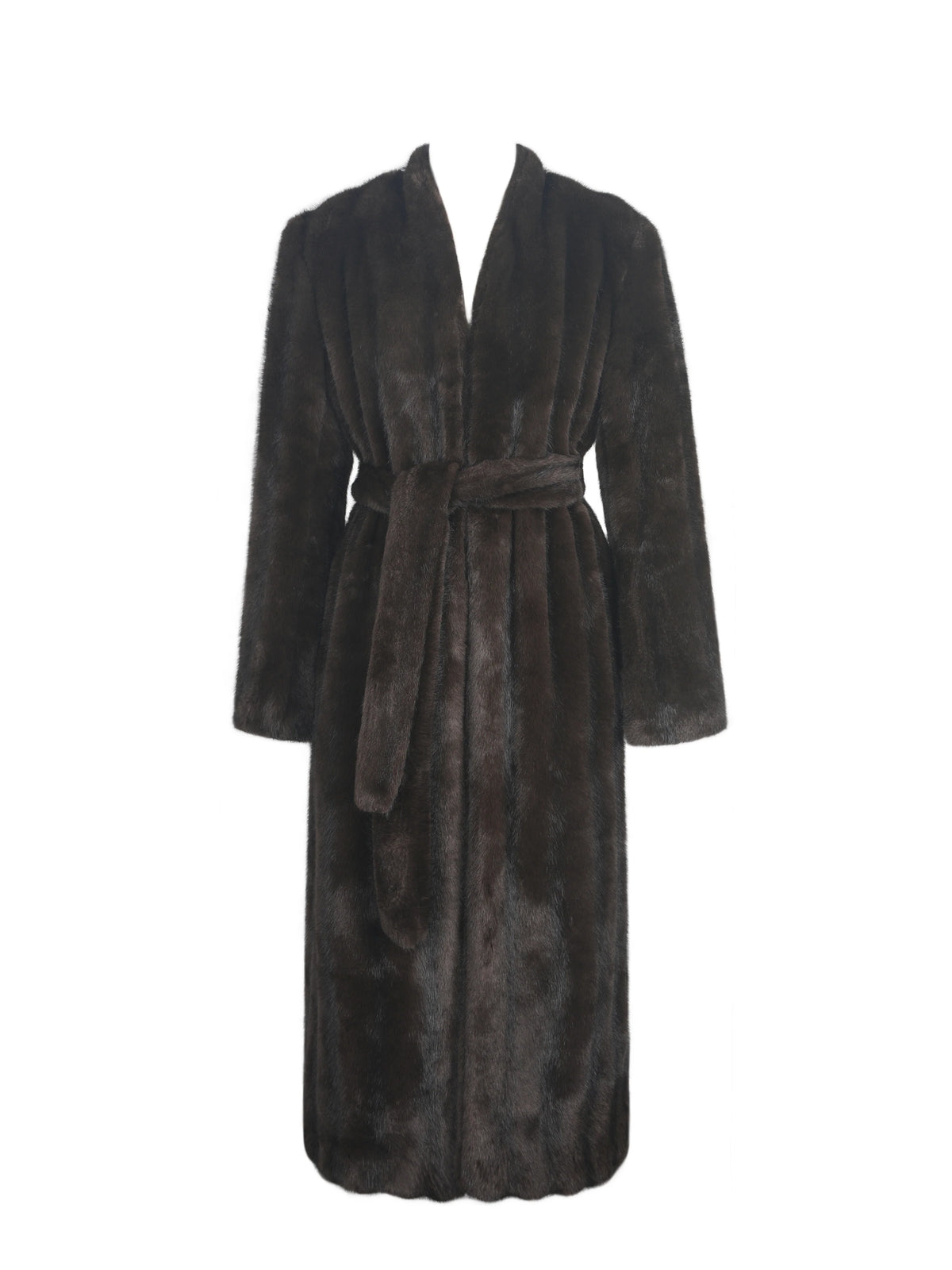 Celine Espresso Faux Mink Belted Longline Coat