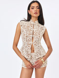 Rosetta Cream Cotton Crochet Mandarin Collar Top