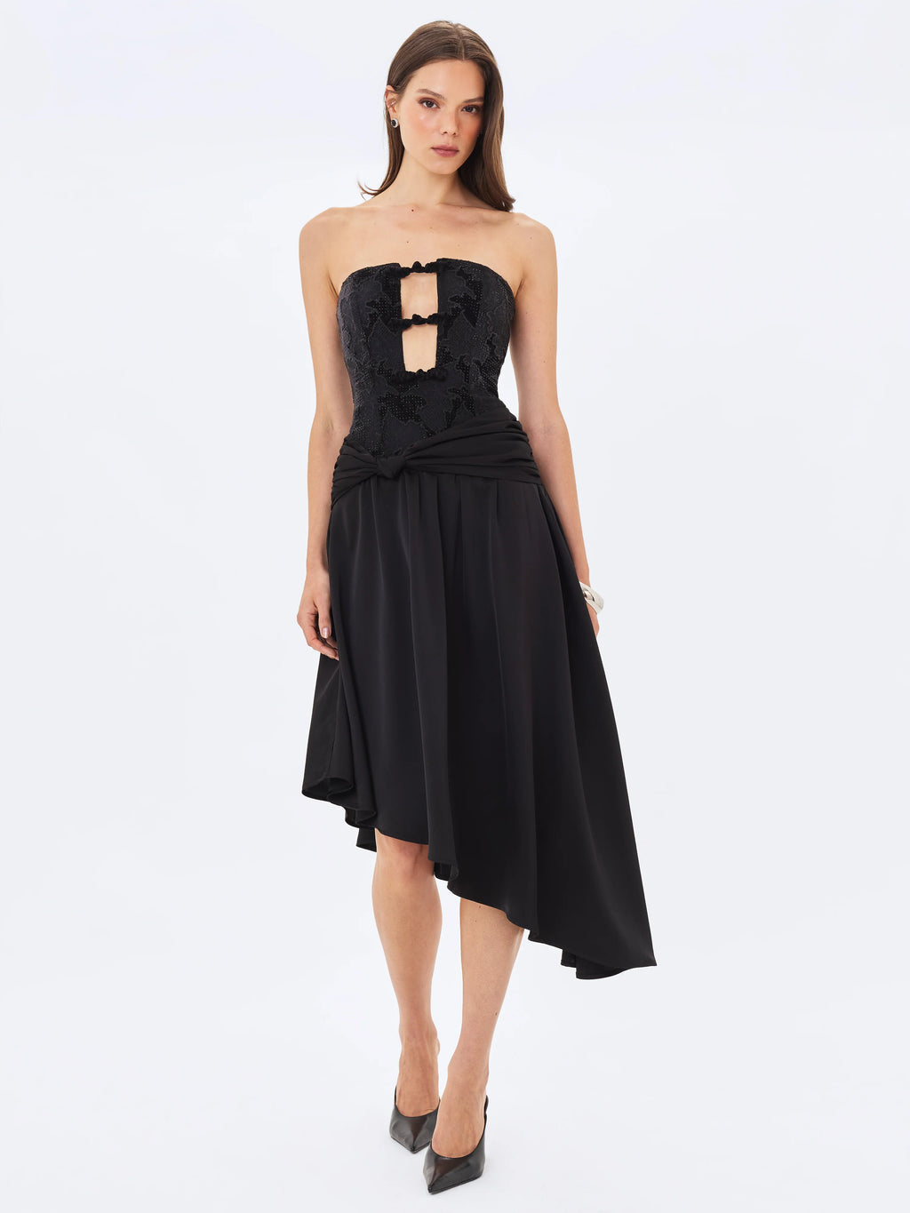 Yoseline Black Velvet Lace Cutout Asymmetrical Satin Midi Dress