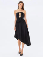 Yoseline Black Velvet Lace Cutout Asymmetrical Satin Midi Dress