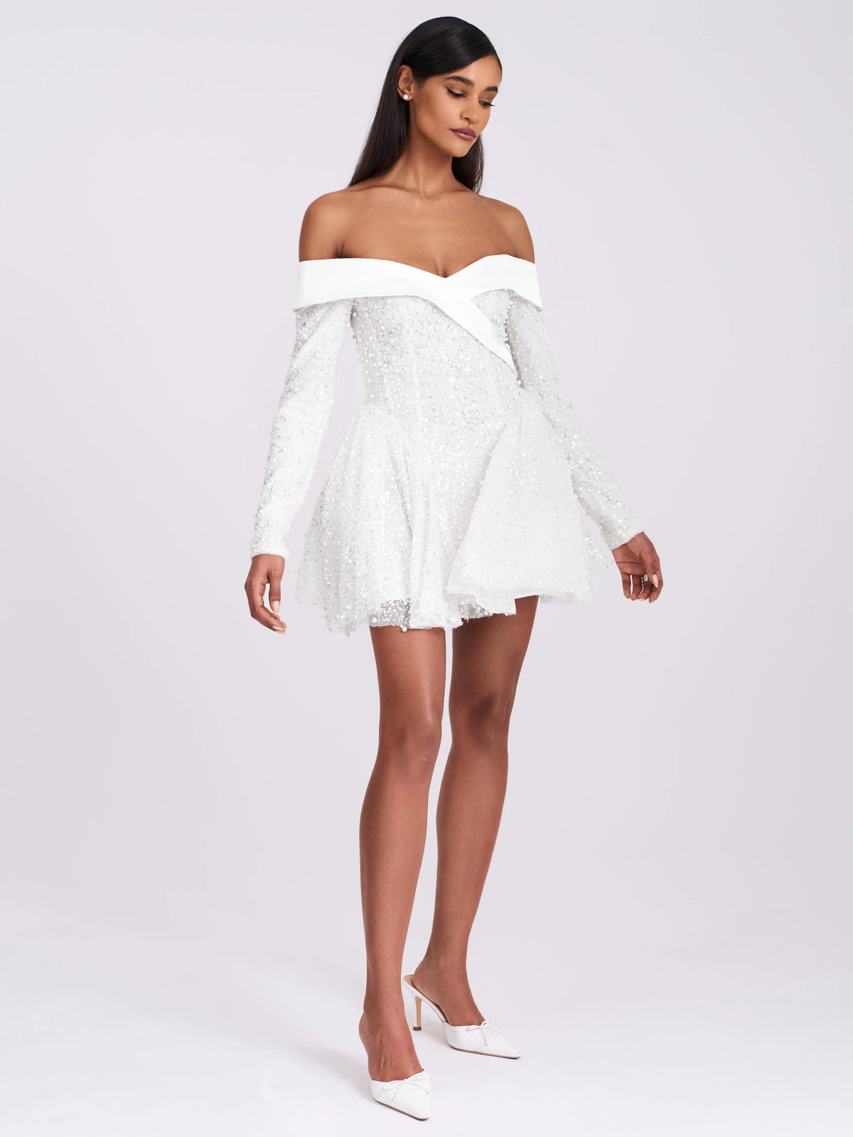 Kira Bead Embroidered Mesh Off Shoulder Long Sleeve Mini Dress