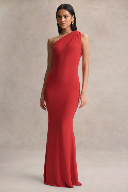 Ottilie Red Asymmetric Neck Maxi Dress