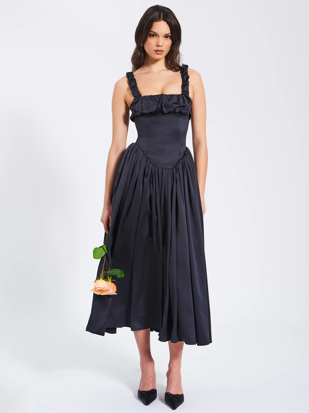 Noreen Black Satin Drop Waist Maxi Sundress Archive Sale
