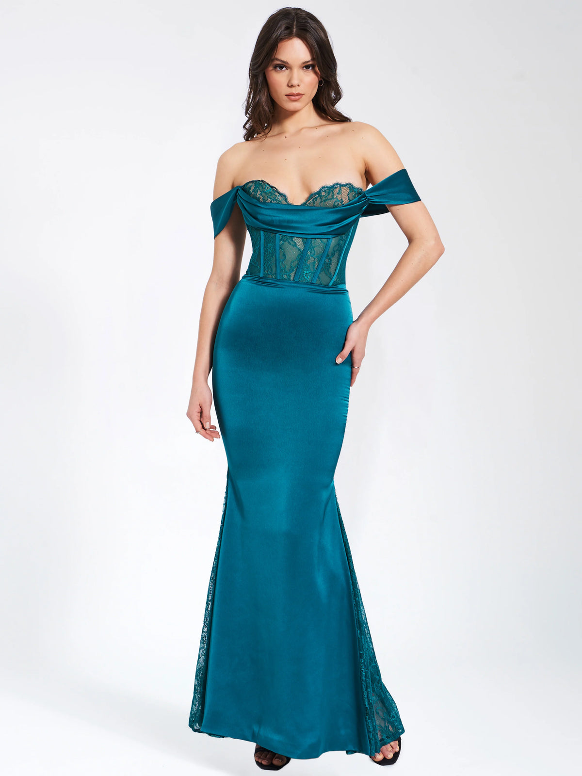 Callista Teal Satin Lace Corset Maxi Dress Archive Sale