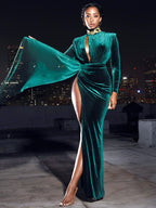 Zenaida Emerald Green Cutout High Slit Velvet Gown Archive Sale