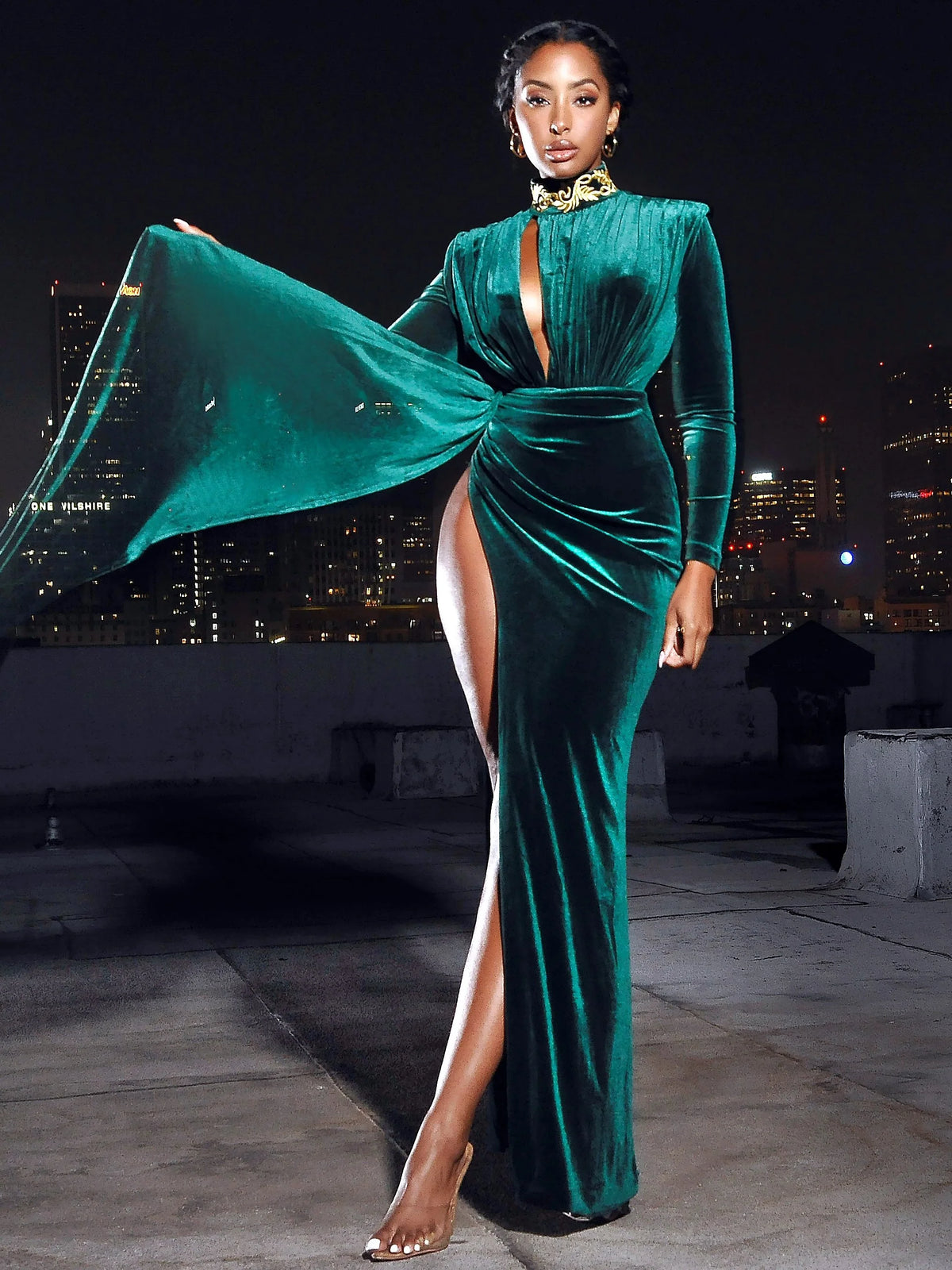Zenaida Emerald Green Cutout High Slit Velvet Gown Archive Sale