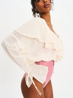 Magali Beige Dotted Mesh Ruffle V Collar Top