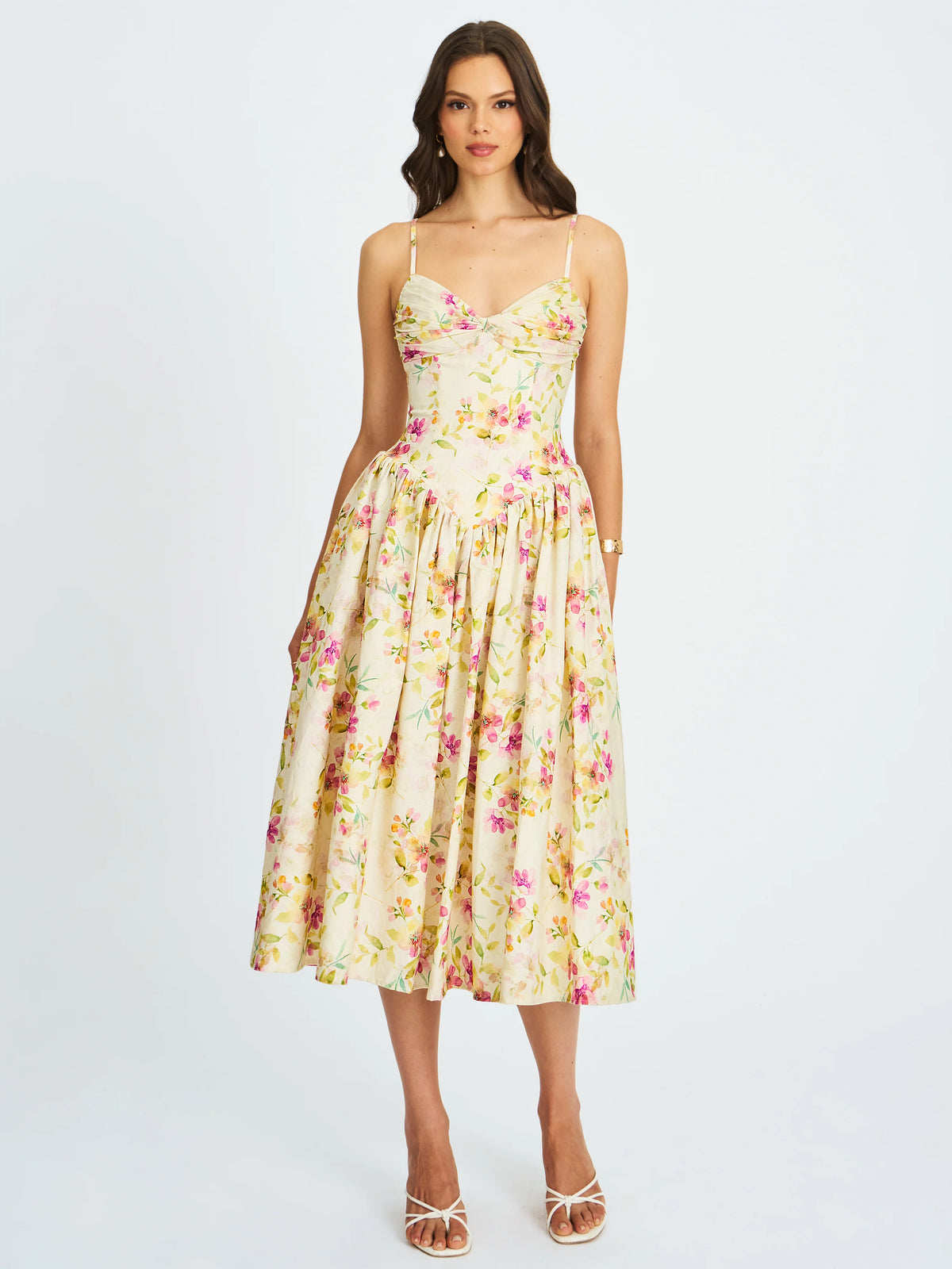 Jacinda Yellow Floral Print Linen Midi Dress