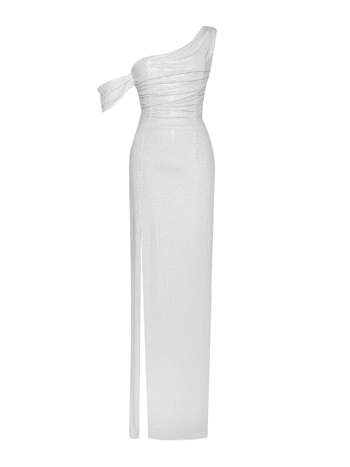 Paget White Mesh Rhinestone Embellished High Slit Gown Archive Sale