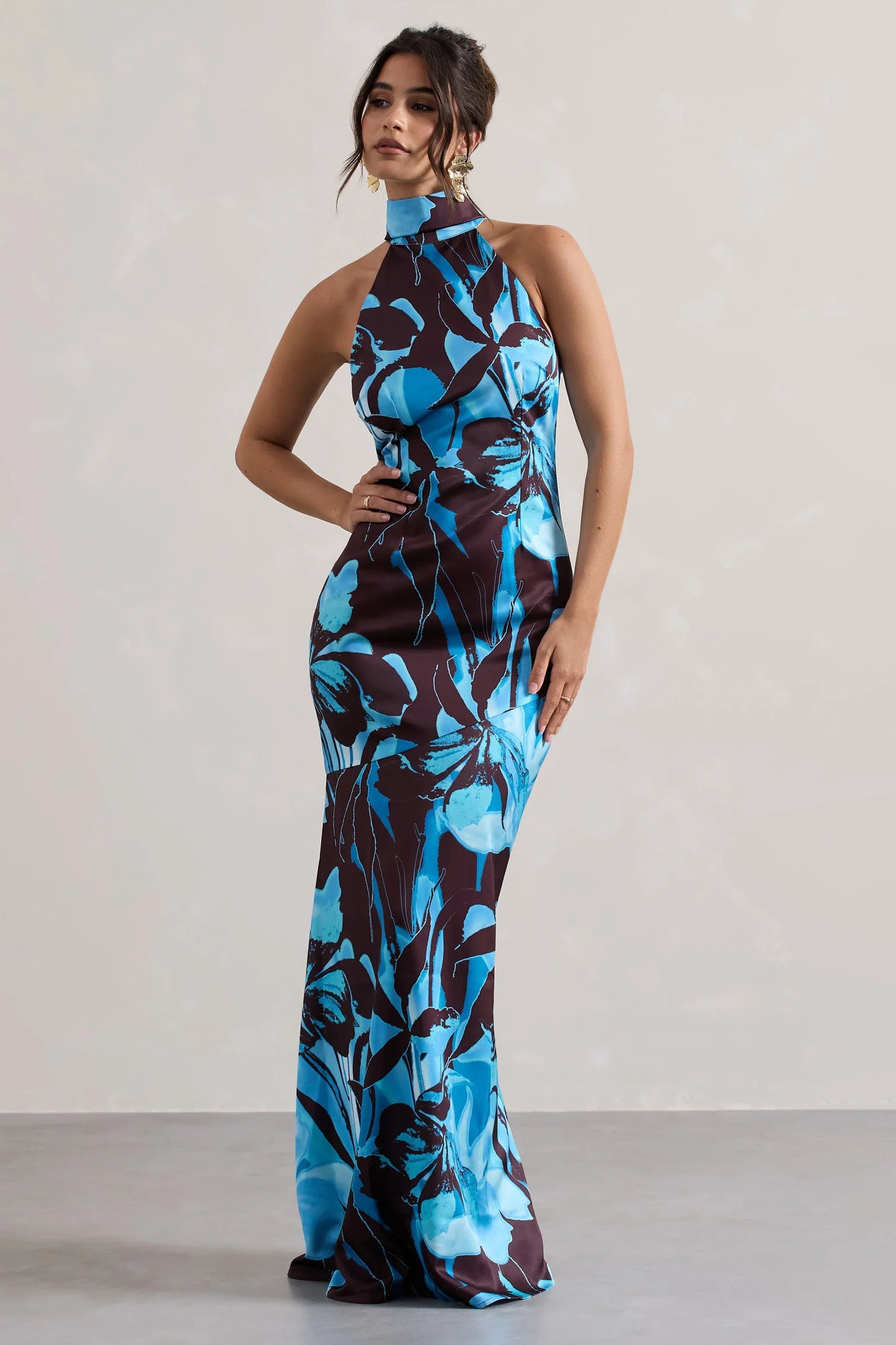 Adoria Floral Print Satin High Neck Maxi Dress