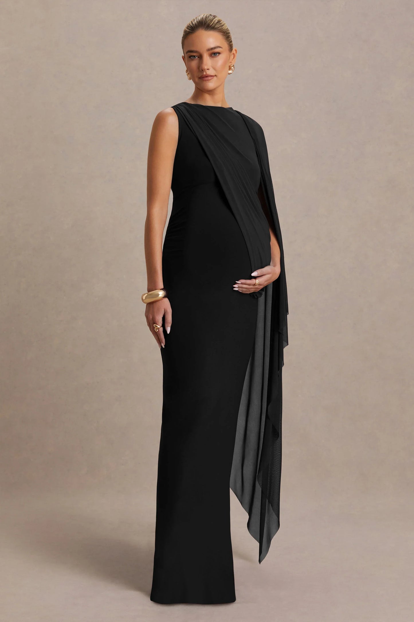 Cristina Black High Neck Maternity Maxi Dress With Cape Sleeve