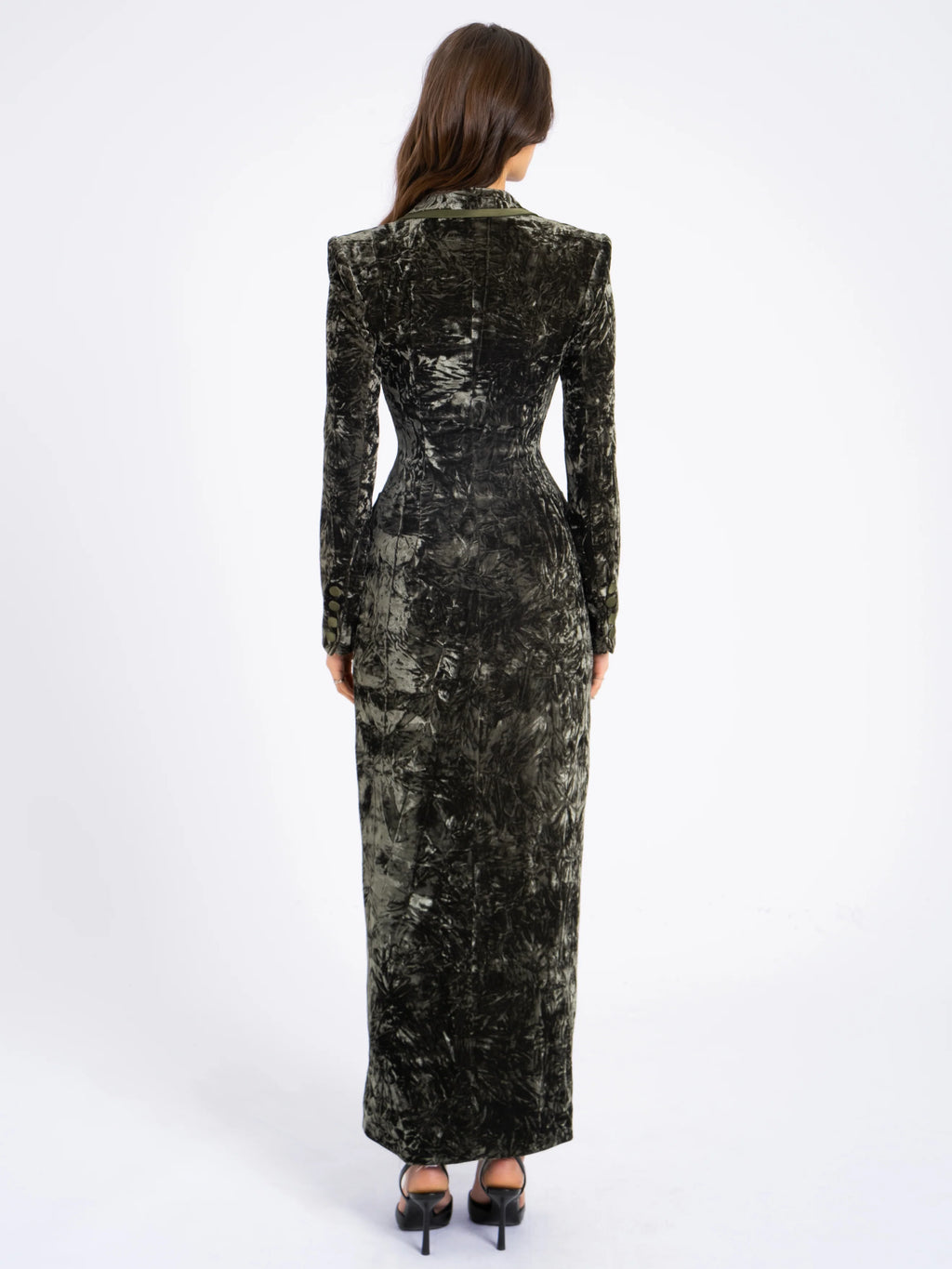 Willow Green Glossy Velvet High Slit Blazer Gown Archive Sale
