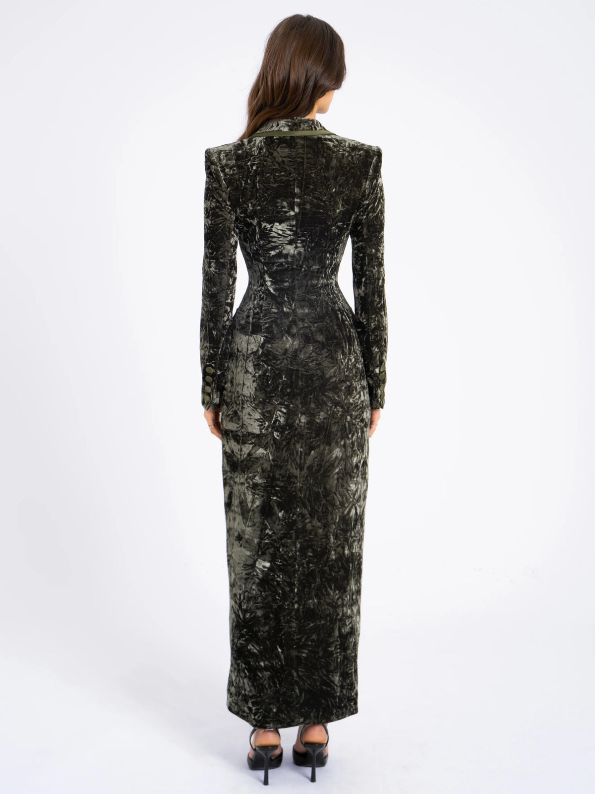 Willow Green Glossy Velvet High Slit Blazer Gown Archive Sale