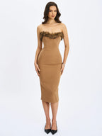 Rayanne Chestnut Strapless Fur Trimmed Sweetheart Midi Dress