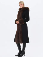 Sloan Black Wool Blend Sculpted Midi Coat with Fur Hood