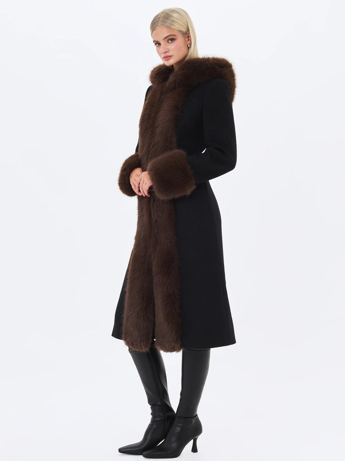 Sloan Black Wool Blend Sculpted Midi Coat with Fur Hood