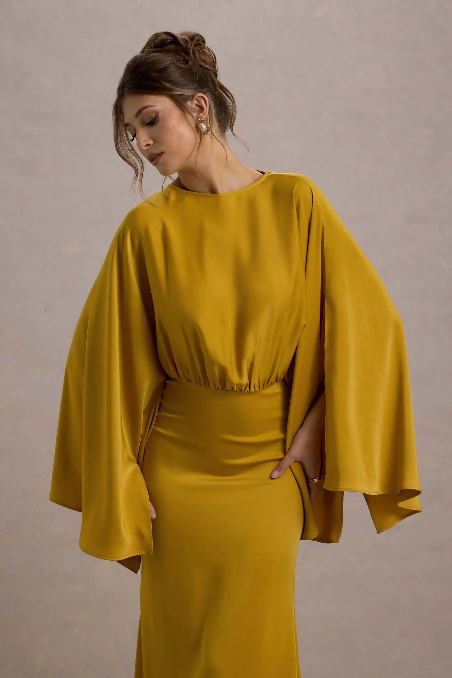 Zuzanna Mustard Draped Maxi Dress With Cape Sleeves