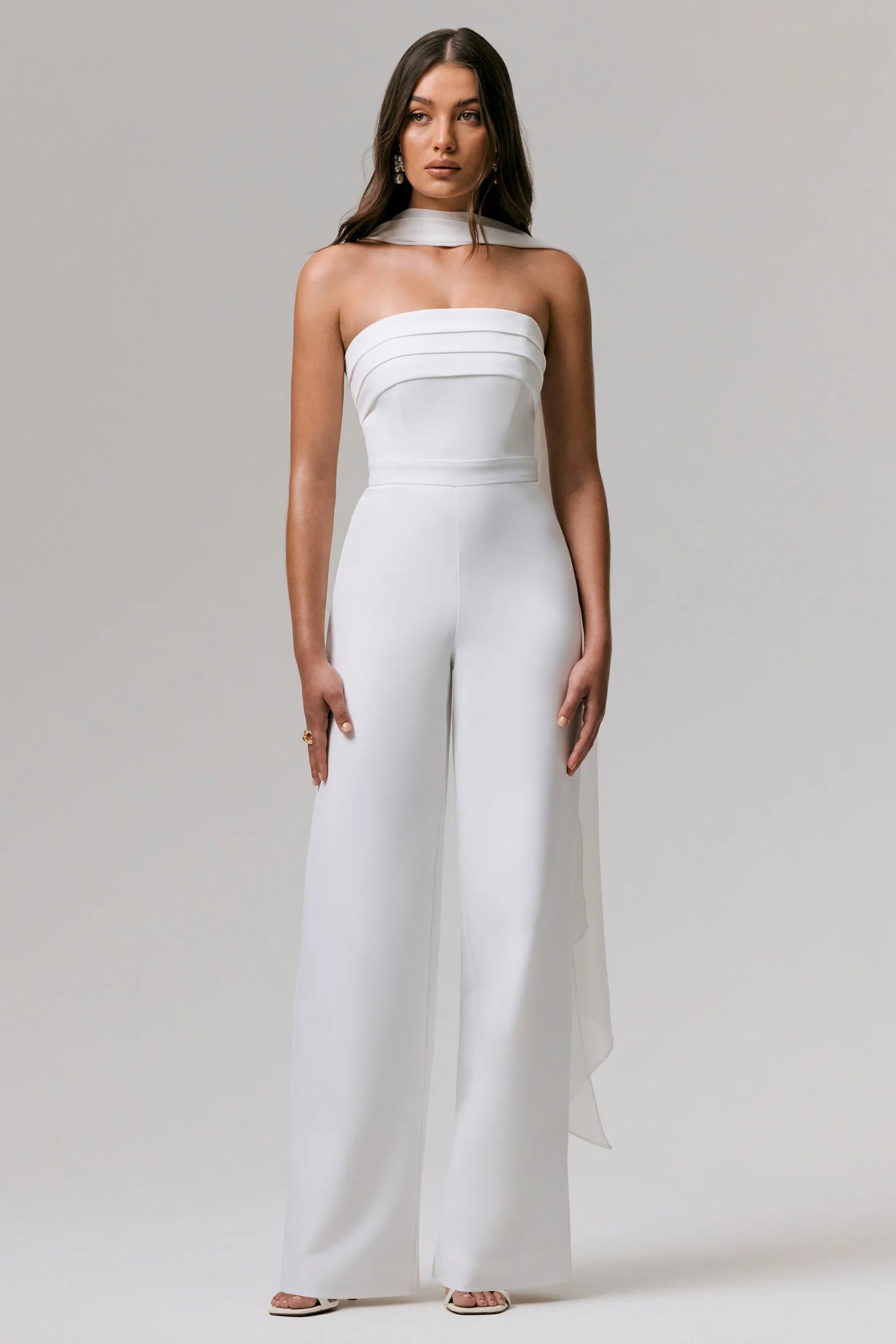 Enchanted White High Neck Jumpsuit With Scarf