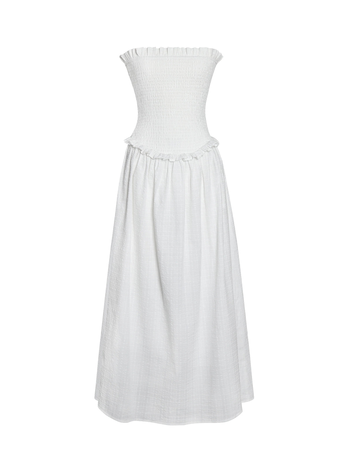 Quadiya White Cotton Seersucker Smocked Strapless Midi Dress Archive Sale