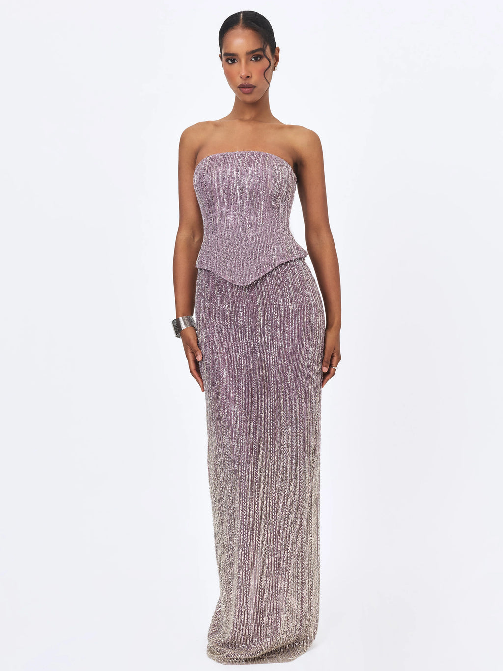 Tosca Beaded Purple Gradient Strapless Peplum Maxi Dress