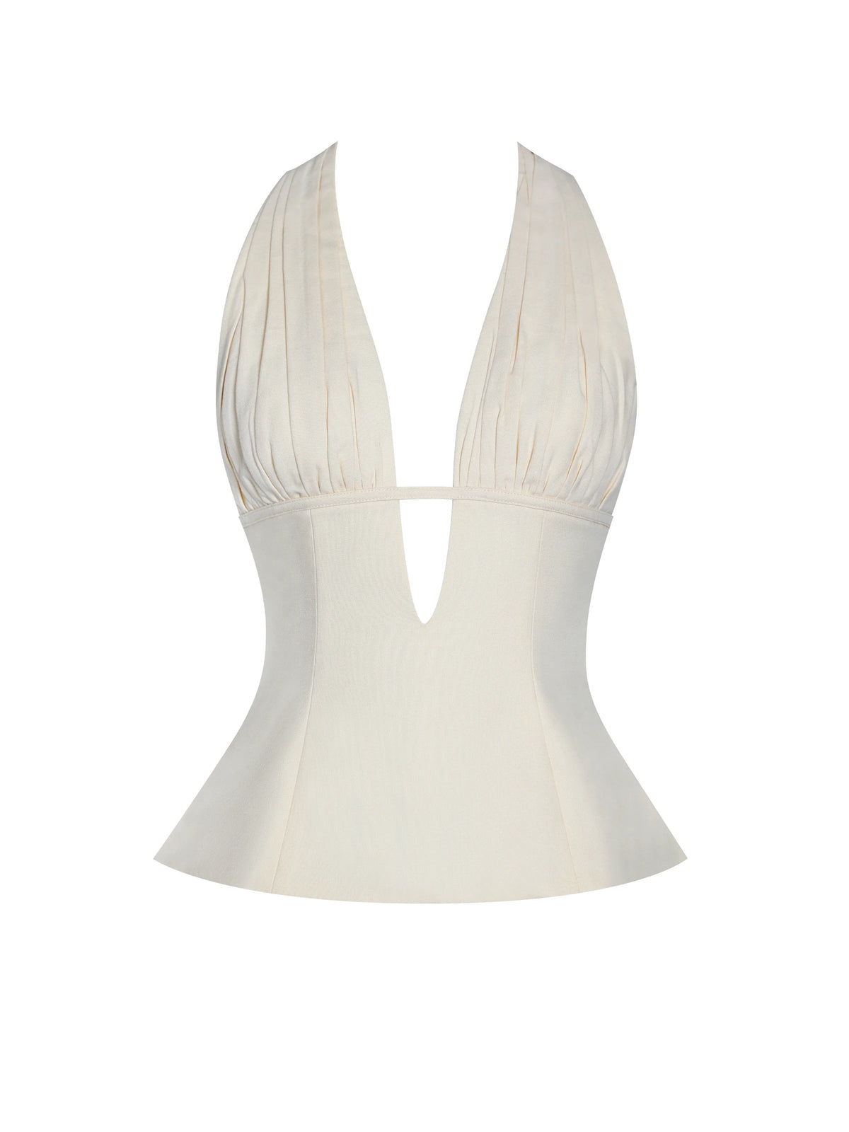 Quinzella Butter Yellow Linen Plunging Halter Neck Top