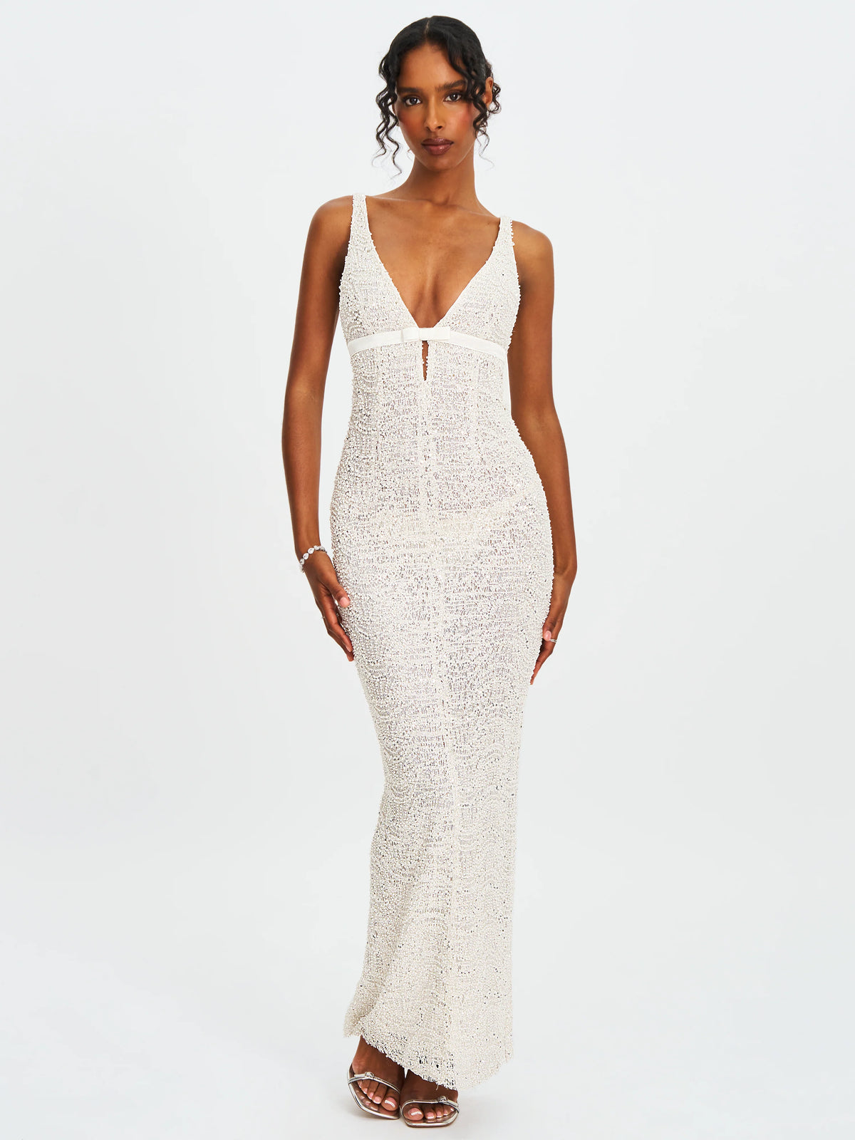 Adelaide White Beaded Sequin Net Bodycon Gown