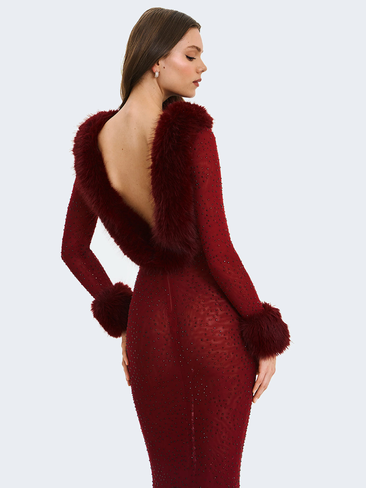 Mellie Burgundy Regular Length Rhinestone Mesh Low Back Mermaid Gown