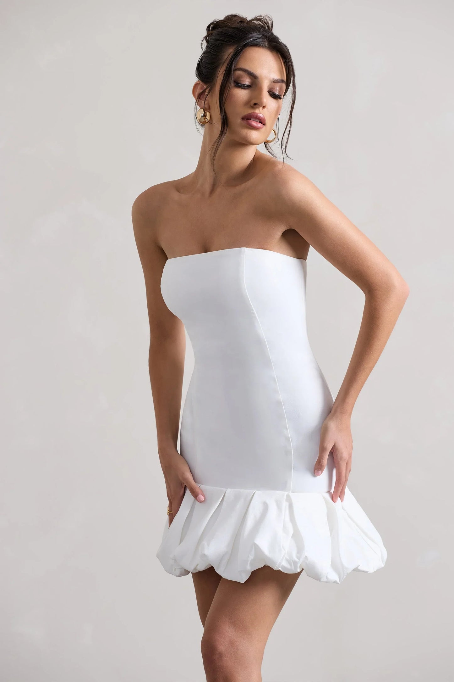 Liscia White Bandeau Mini Dress With Ruffle Trim