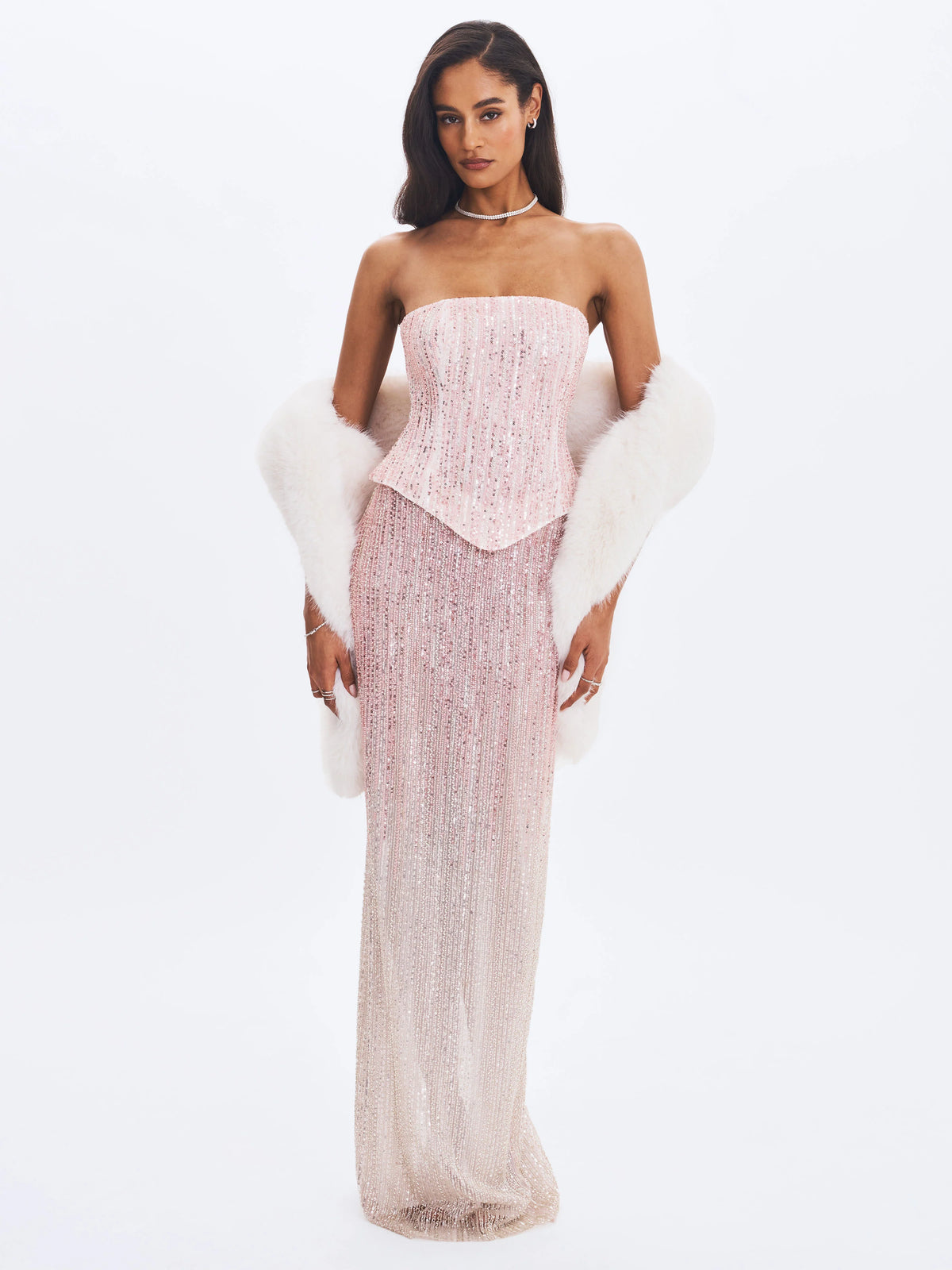 Tosca Beaded Blush Gradient Strapless Peplum Maxi Dress