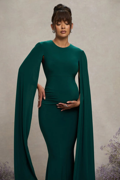 Divine Timing Bottle Green Maternity Maxi Dress With Cape Sleeves