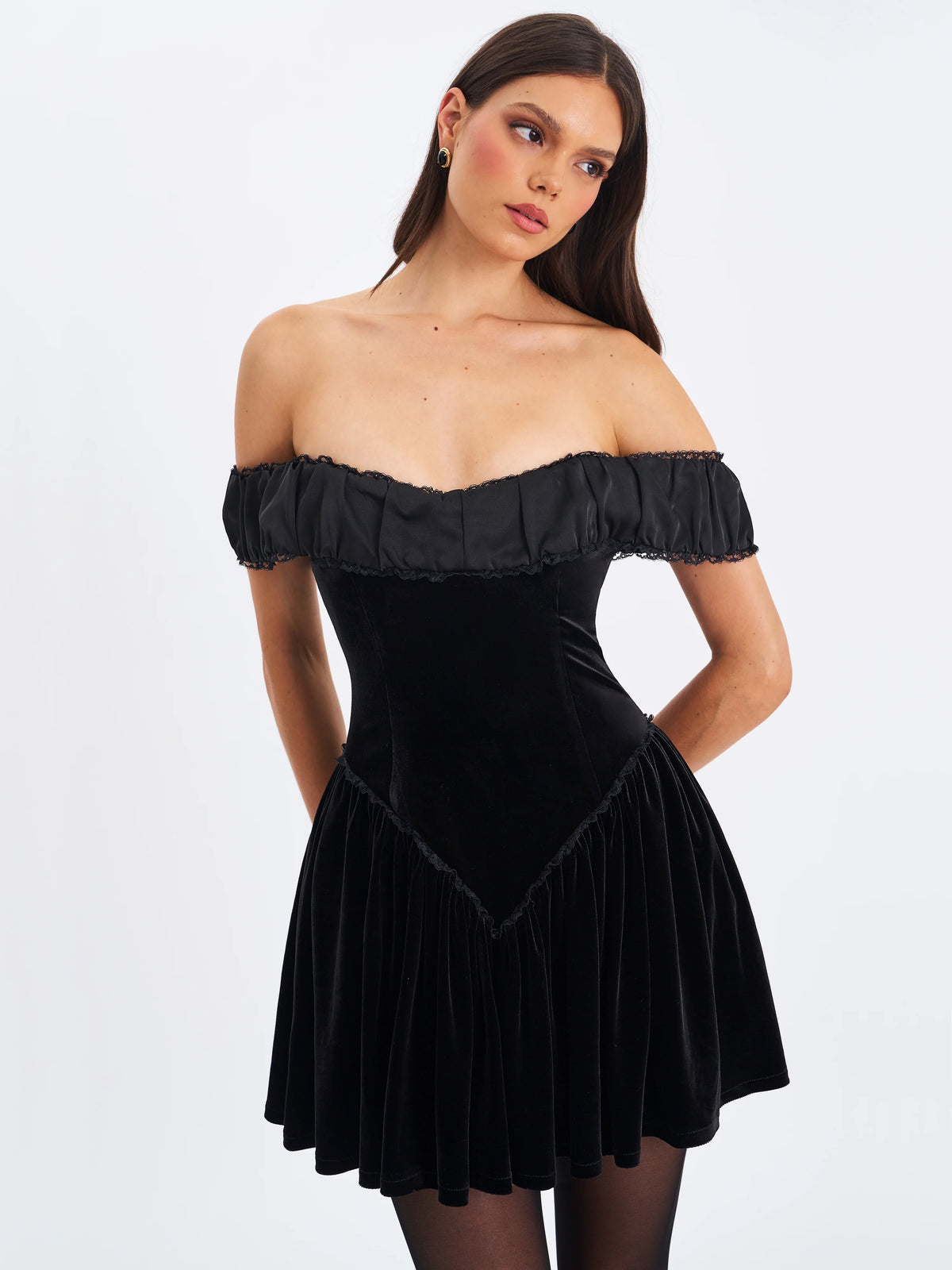 Daisha Black Lace Trimmed Off Shoulder Ruched Mini Dress
