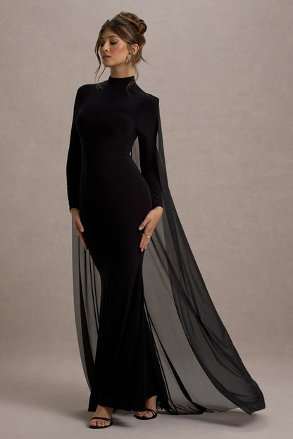 La Nuit Black High Neck Long Sleeve Maxi Dress With Cape