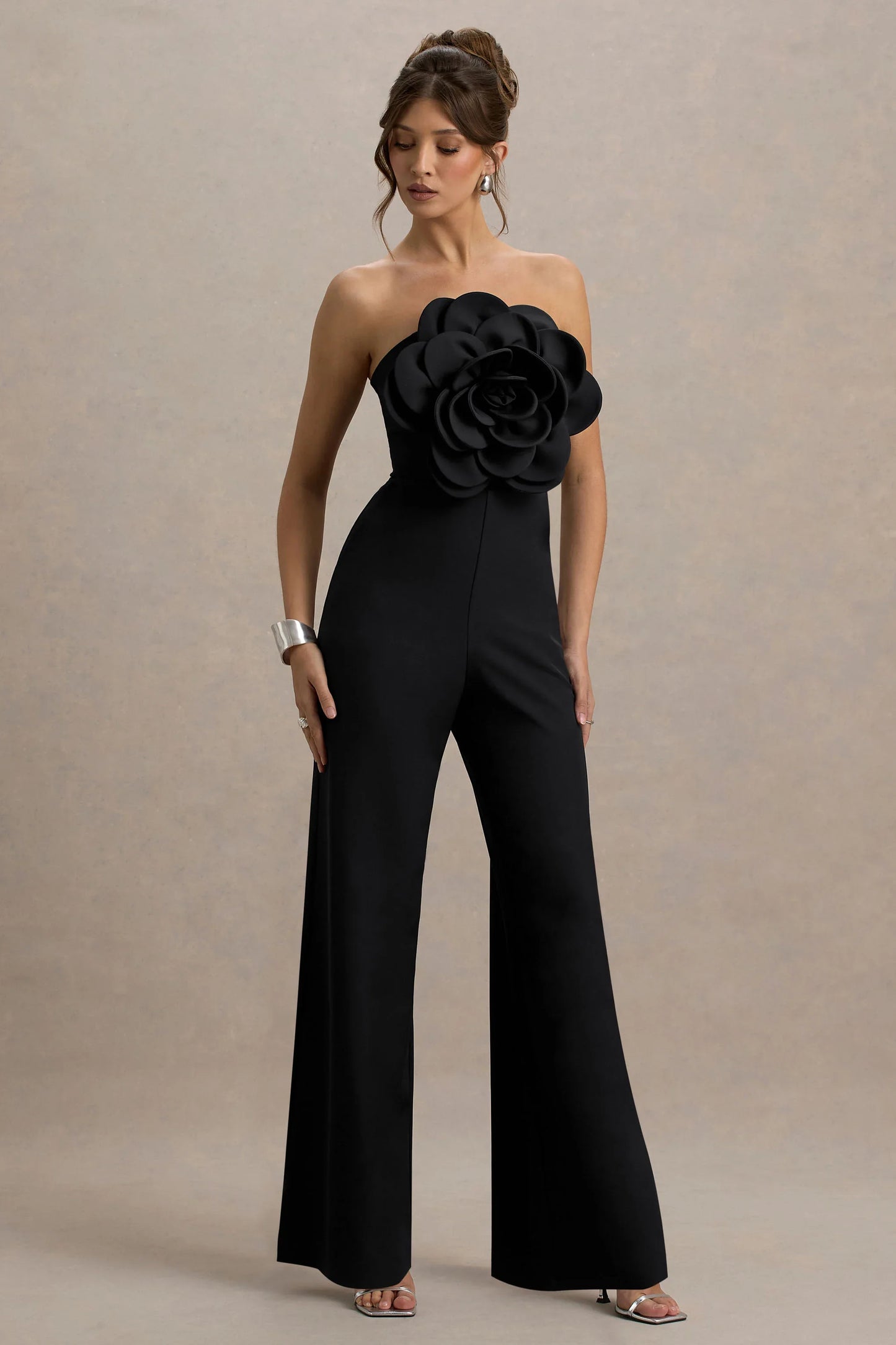 Opia Black Bandeau Wide Leg Jumpsuit With Large Floral Corsage