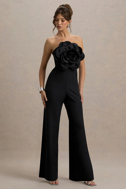 Opia Black Bandeau Wide Leg Jumpsuit With Large Floral Corsage