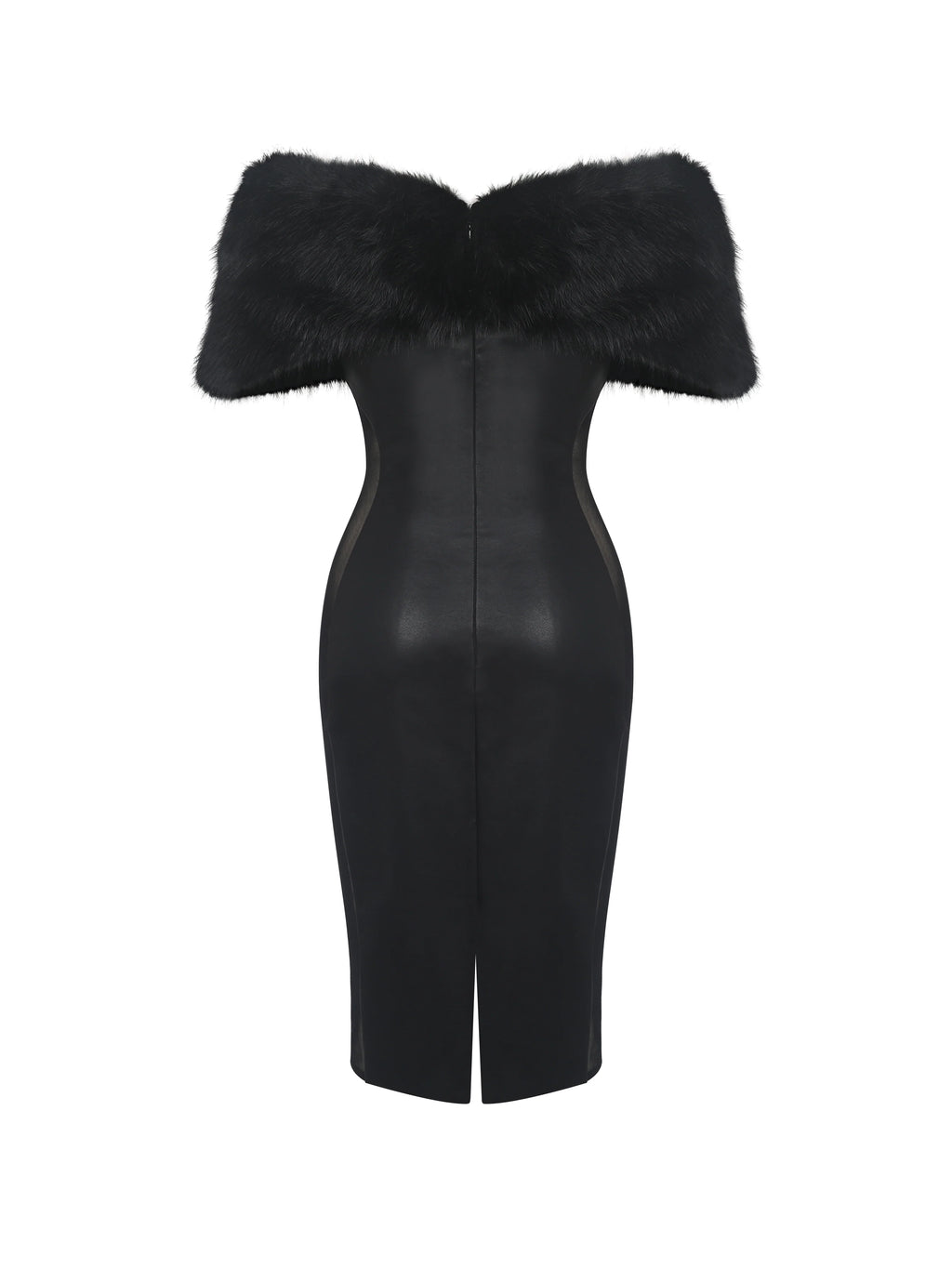 Bellis Black Fur Trim Mesh Panel Off Shoulder Midi Dress