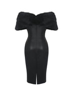 Bellis Black Fur Trim Mesh Panel Off Shoulder Midi Dress