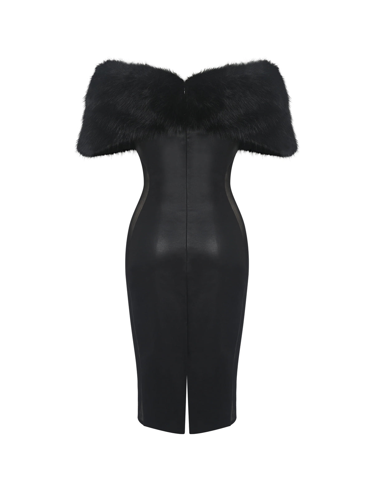 Bellis Black Fur Trim Mesh Panel Off Shoulder Midi Dress