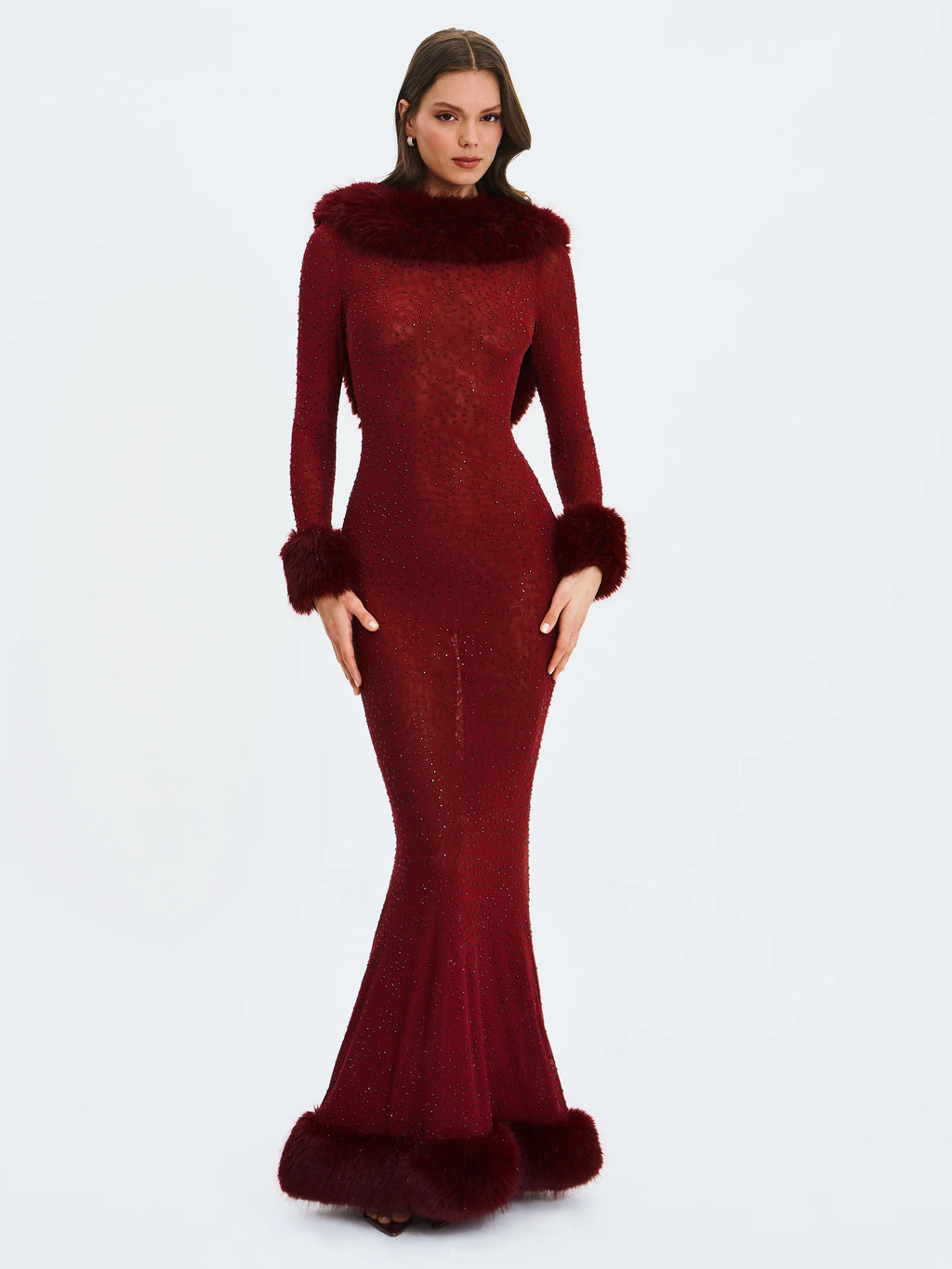 Mellie Burgundy Regular Length Rhinestone Mesh Low Back Mermaid Gown