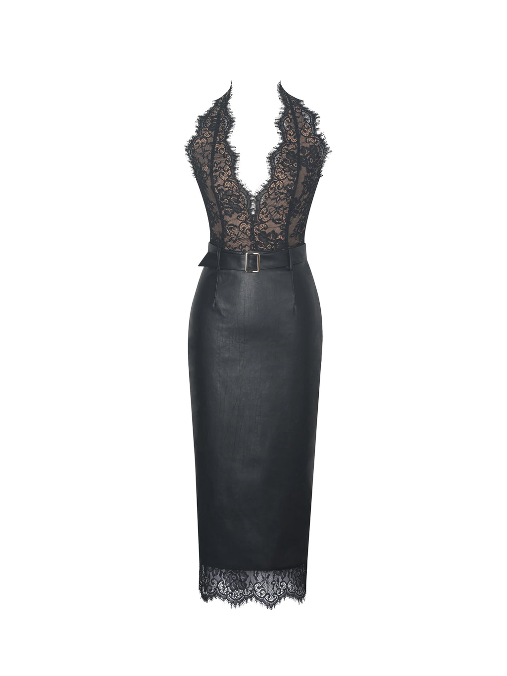Fiera Black Plunging Halter Belted Midi Dress