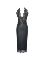 Fiera Black Plunging Halter Belted Midi Dress
